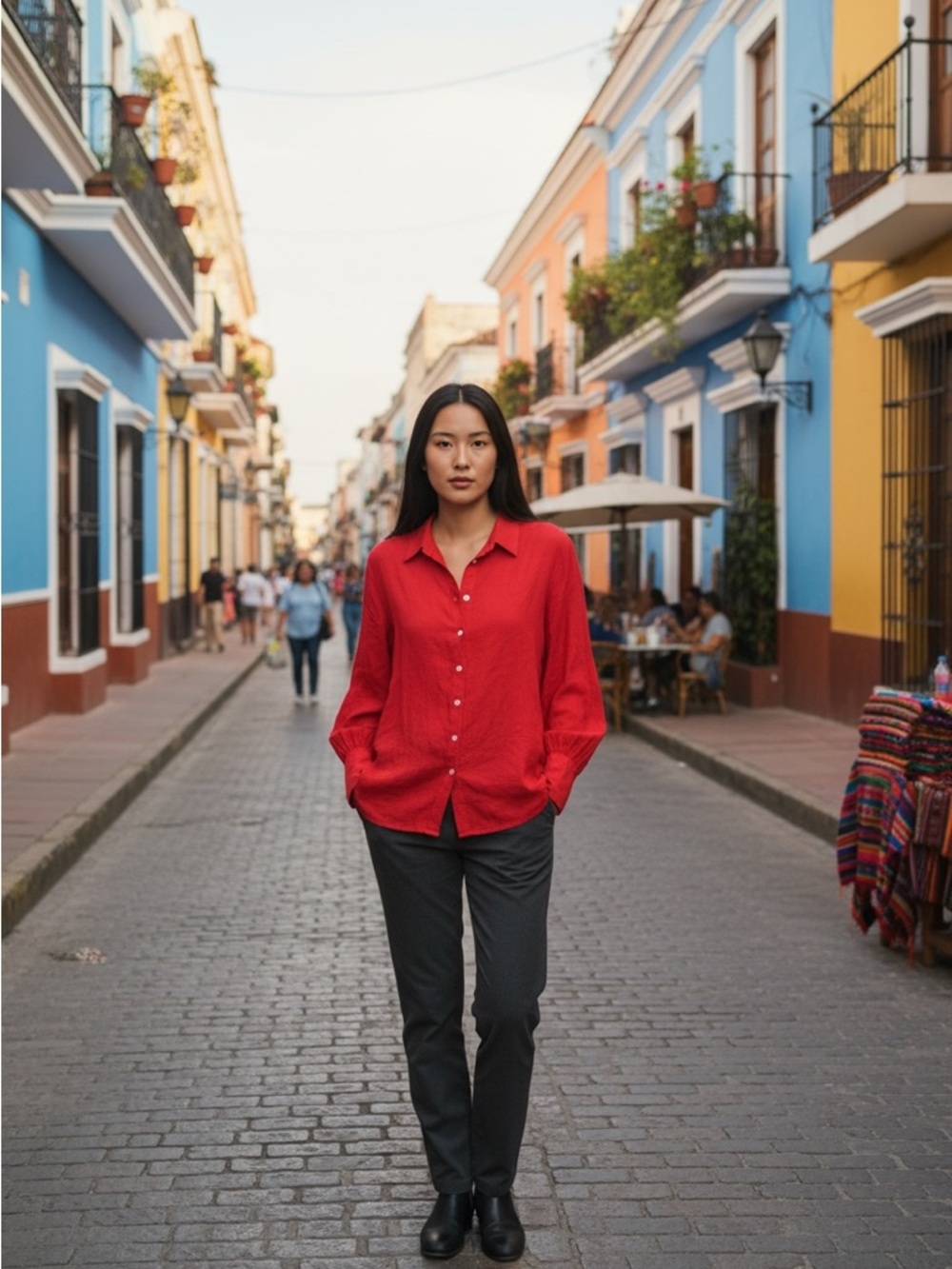 Linen Cotton Button Down Front Shirt Red Long Balloon Sleeve Lightweight Sz XL